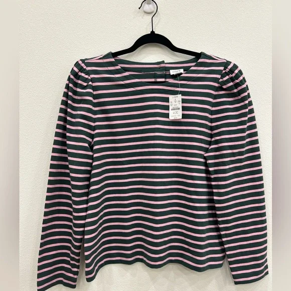 J. Crew NWT puff sleeve button back striped top LG preppy casual office - Picture 1 of 7